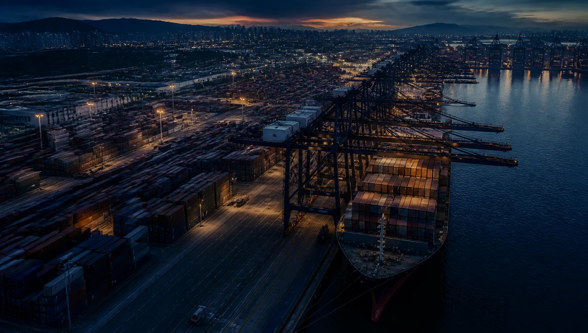 Containerhafen aus der Luft bei Dämmerung